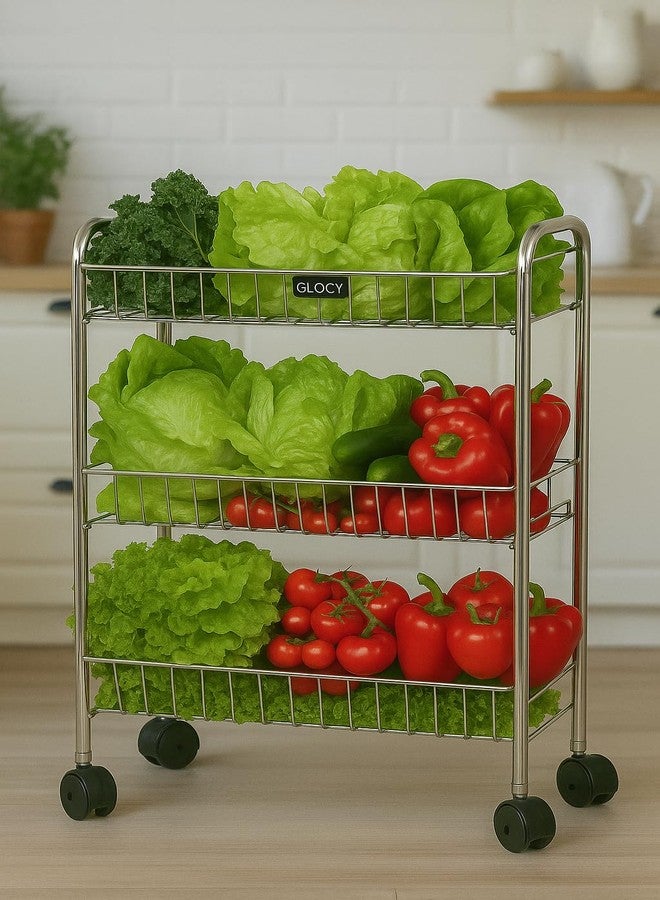 GLOCY 3-Tier Rolling Cart, Stainless Steel Storage Trolley with Wheels, Multi-Purpose Utility Organizer for Kitchen, Nursery, Office - Image 1
