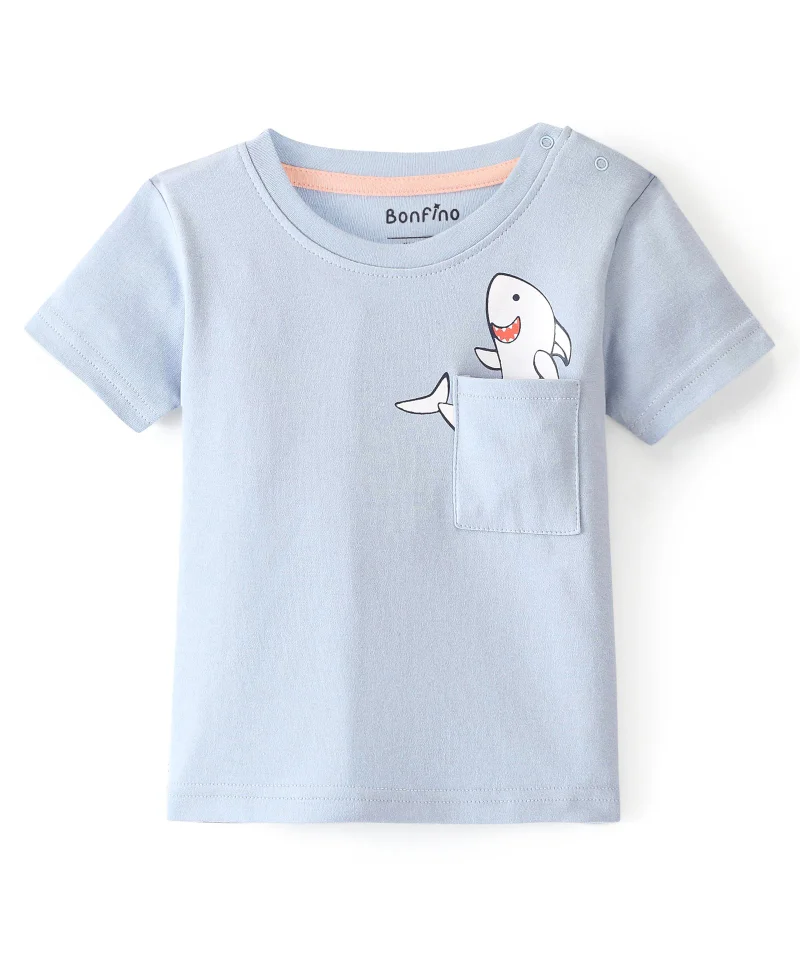 Bonfino Bonfino 100% Cotton Knit Half Sleeves T-Shirt Graphic Shark Theme Print Pack of 4 - Multicolor