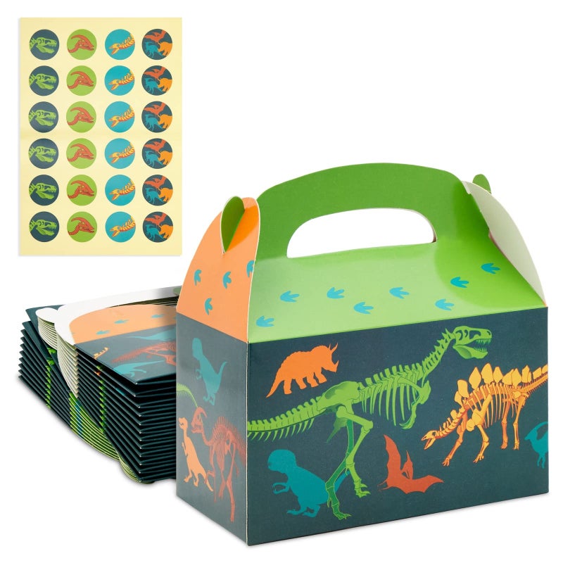 BLUE PANDA Dinosaur Treat Bags with Handles  Stickers  362 x 625 x 35 In Dark Green 300 GSM Paper 24 Count  Dinosaur Party Boxes for Favors  Birthday Decor