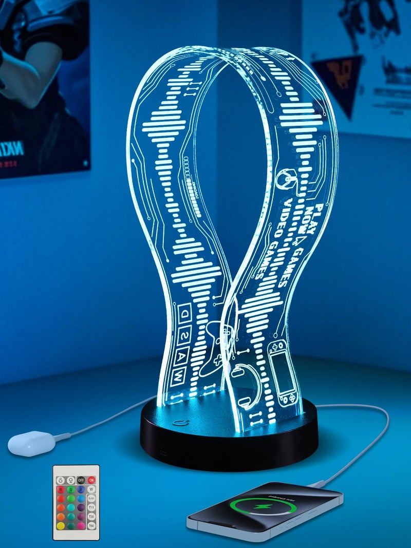 CoolGift Mart Light Up Headphone Stand with 16 Color Lights, Game Pattern Acrylic Headset Stand with 1 USB and 1 Type-C Charging Ports, Gifts for Gamers Men and Music Lovers - Image 1