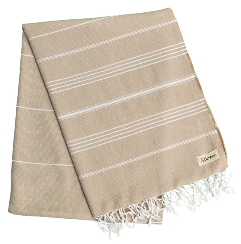 Bersuse Towels Anatolia XL Beach Blanket Throw Blanket Turkish Towel 100% Cotton Extra-Large Quick-Dry Lightweight Premium Peshtemal Towel - 61x82 Inches, Beige - Image 4