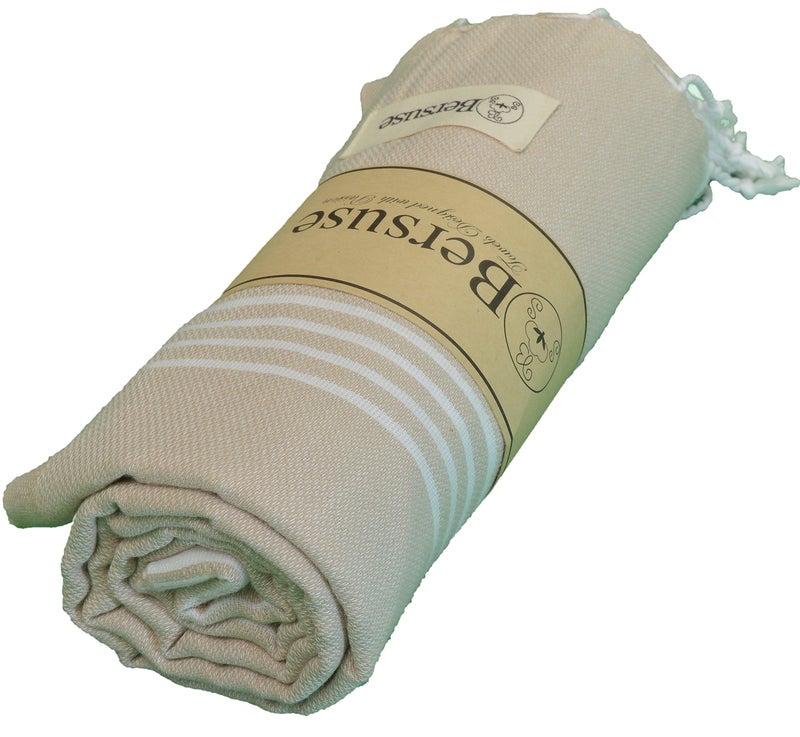 Bersuse Towels Anatolia XL Beach Blanket Throw Blanket Turkish Towel 100% Cotton Extra-Large Quick-Dry Lightweight Premium Peshtemal Towel - 61x82 Inches, Beige - Image 2
