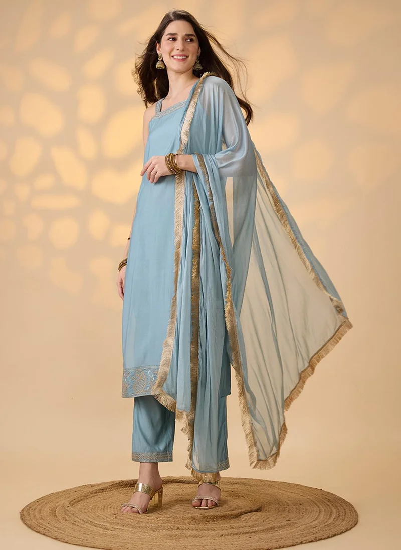 globus Globus Women Blue Square Neck Embroidered Detail Straight Kurta With Pants & Dupatta Festive Set