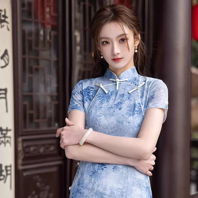 تشيوغسام أزرق محسّن للفتيات الشابات بأسلوب صيني جديد أنيق صيفي عالي الجودة - Image 4