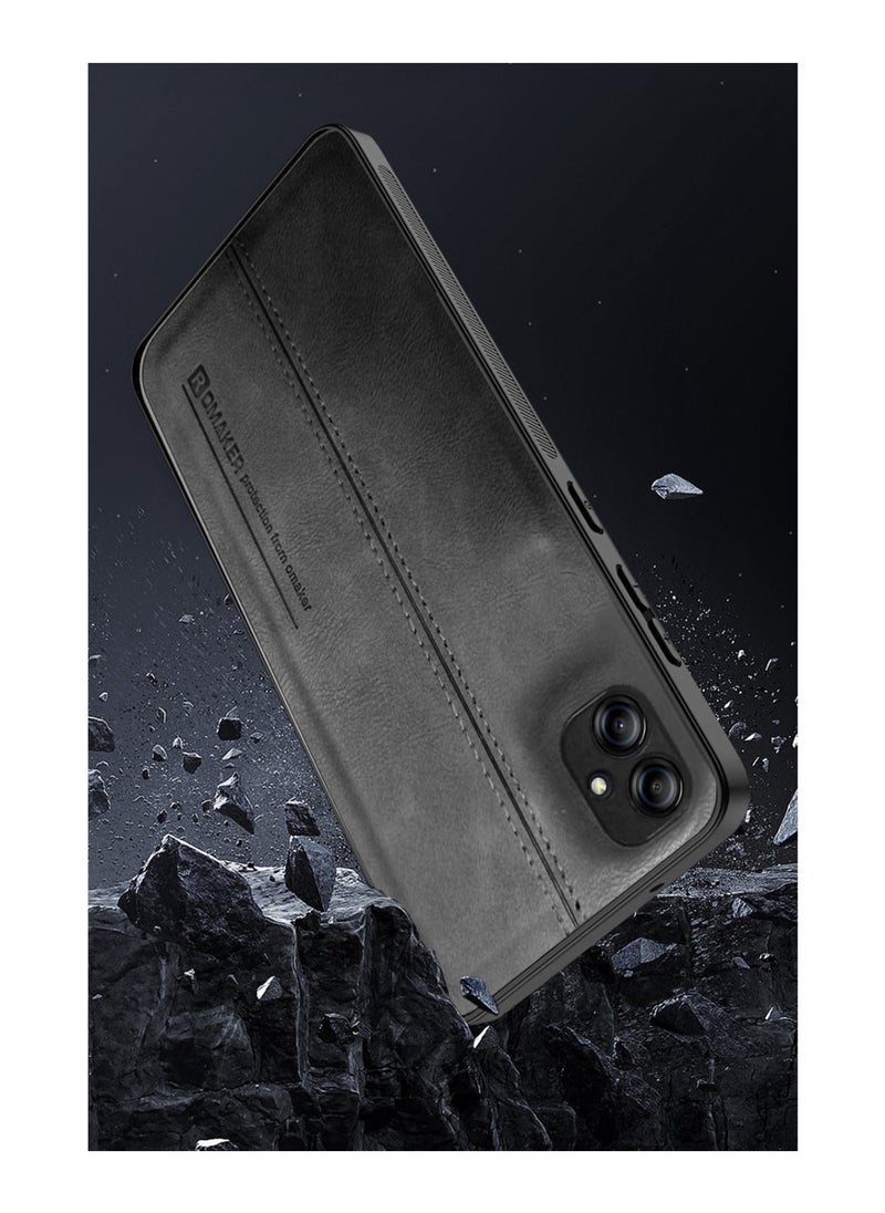 OMAKER Premium Stylish PU Leather Shockproof Back Cover Case for Samsung Galaxy A04e - Black  - Image 4