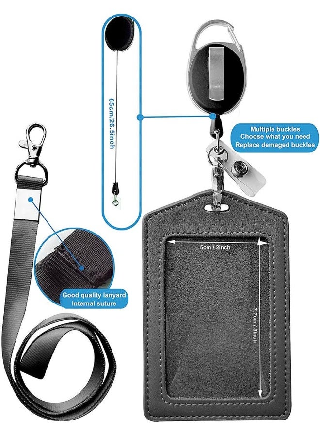 NALANDA NALANDA Leather ID Card Case Badge Holders with Clear ID Window Detachable Neck Lanyard Strap and Retractable Badge Reel ID Card Holders Office Badges Accessories Set-Black  - Image 2