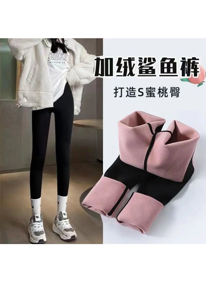 Generic Fleece Lined High Waist Yoga Pants Thick Warm Slimming Autumn Winter Pencil Pants Barbie Style Tummy Control Shark Pants Black 
