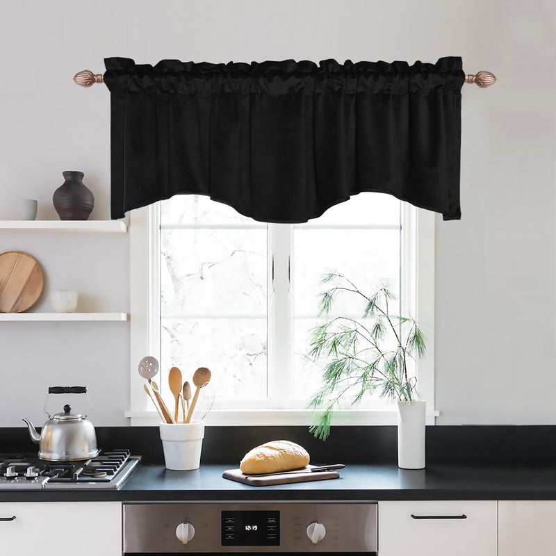 JIUZHEN Black Valance for Windows - Kitchen, Living Room, Bedroom Curtains, Scalloped Window Treatment, Velvet, 52" W x 18" L, 1 Panel - Image 1
