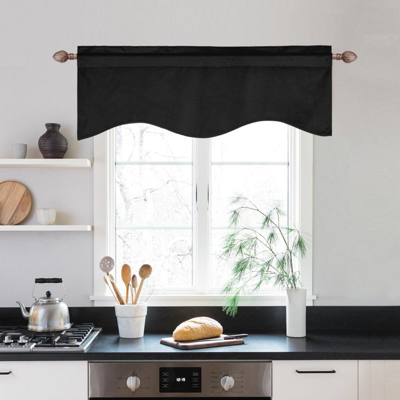 JIUZHEN Black Valance for Windows - Kitchen, Living Room, Bedroom Curtains, Scalloped Window Treatment, Velvet, 52" W x 18" L, 1 Panel - Image 2