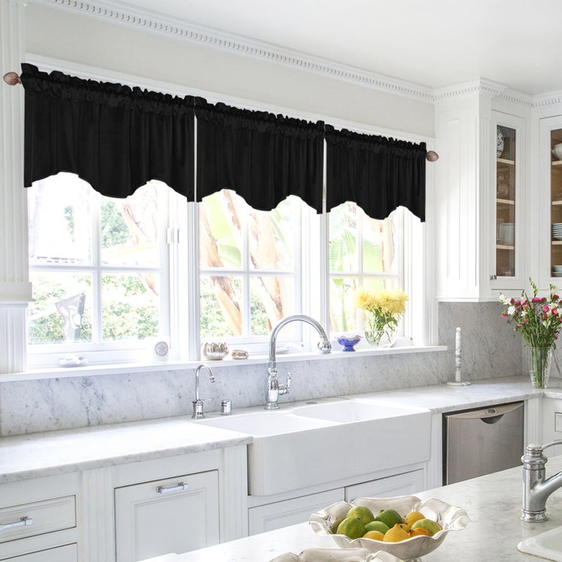 JIUZHEN Black Valance for Windows - Kitchen, Living Room, Bedroom Curtains, Scalloped Window Treatment, Velvet, 52" W x 18" L, 1 Panel - Image 3