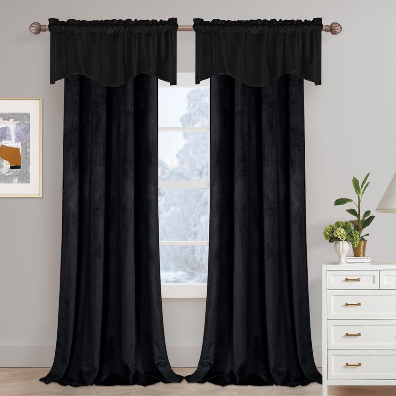 JIUZHEN Black Valance for Windows - Kitchen, Living Room, Bedroom Curtains, Scalloped Window Treatment, Velvet, 52" W x 18" L, 1 Panel - Image 4
