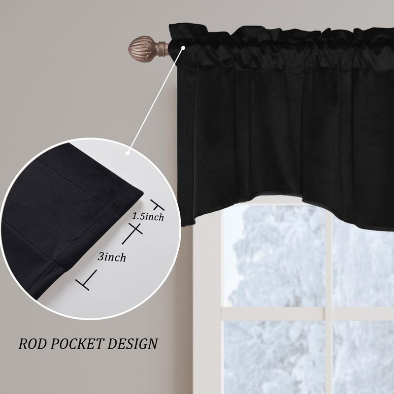 JIUZHEN Black Valance for Windows - Kitchen, Living Room, Bedroom Curtains, Scalloped Window Treatment, Velvet, 52" W x 18" L, 1 Panel - Image 5