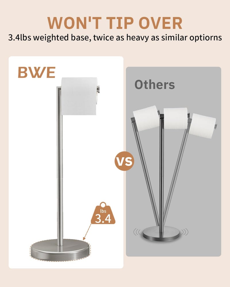 BWE Brushed Nickel Toilet Paper Holder Stand SUS304 Stainless Steel Modern Freestanding Toilet Paper Roll Tissue Holder for Bathroom, Toilet Paper Stand with Heavy Weighted Base - Image 4