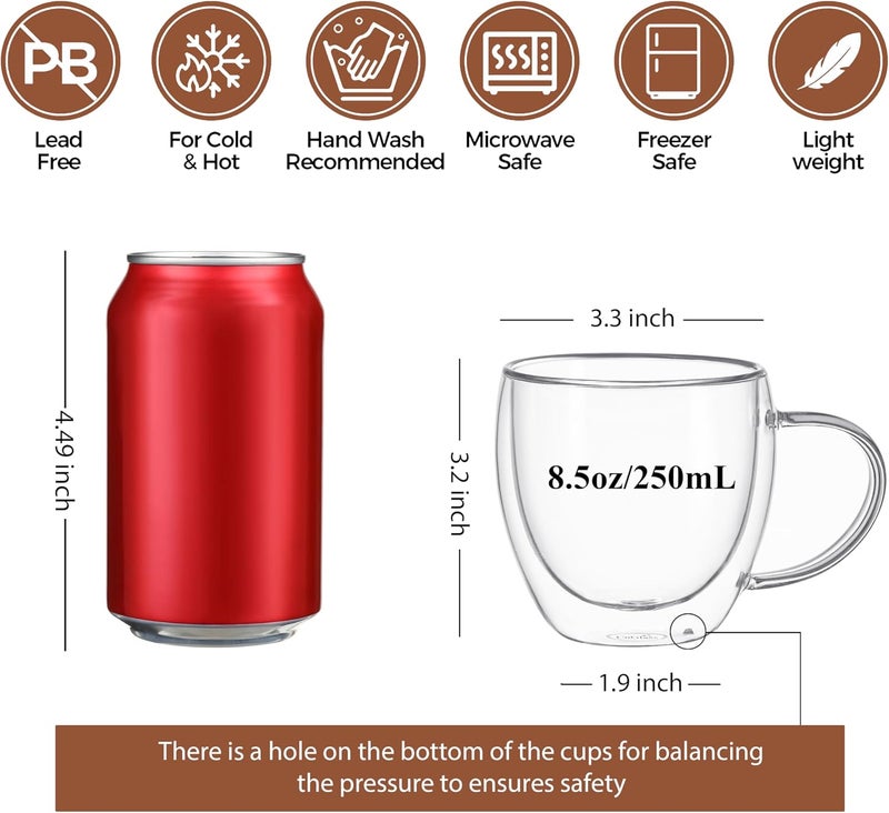 CnGlass 8.5oz Glass Coffee Mug,Double Wall Insulated Glass Mugs with Handle,Clear Espresso Mugs for Latte,Cappuccino,Tea Bag,Set of 4 - Image 2