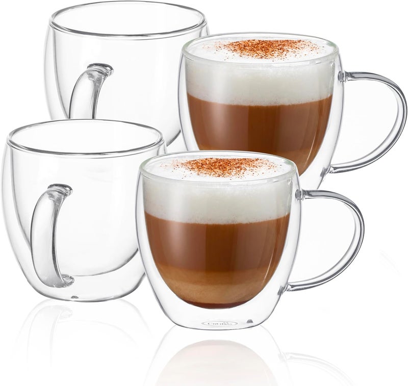 CnGlass 8.5oz Glass Coffee Mug,Double Wall Insulated Glass Mugs with Handle,Clear Espresso Mugs for Latte,Cappuccino,Tea Bag,Set of 4 - Image 1