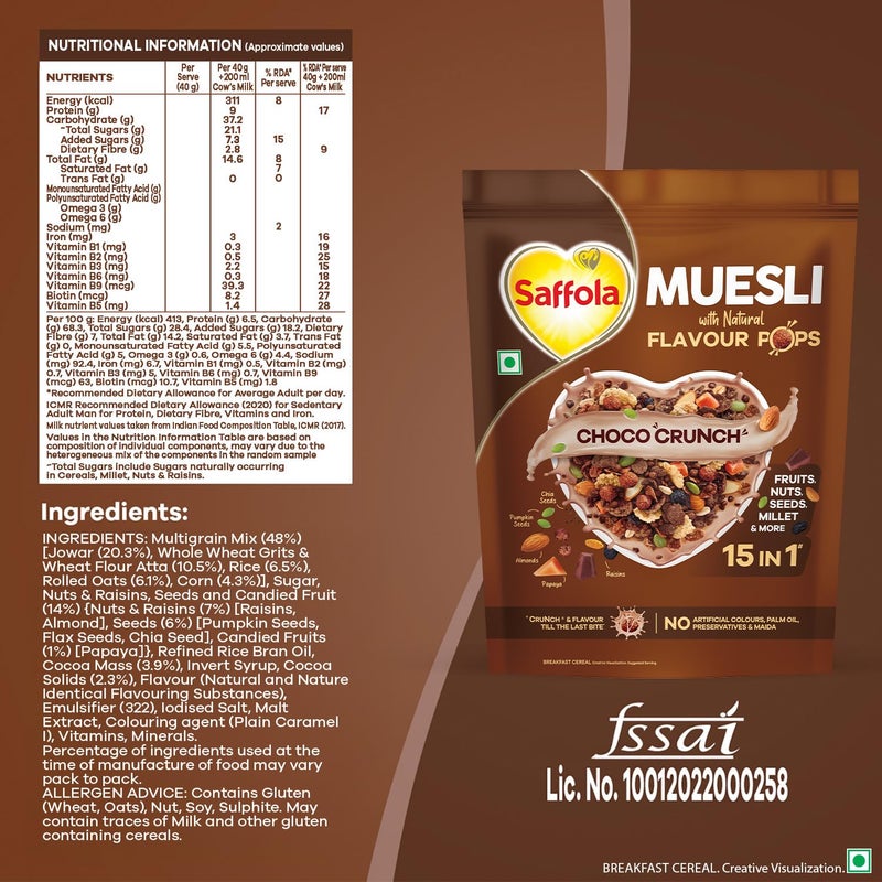 Saffola Muesli Choco Crunch with Flavour Pops, 700 gm | 15 in 1 Fruit and Nuts, Seeds, Millet & more | Cereals for breakfast rich in wholegrain, protein, fibre - Image 2