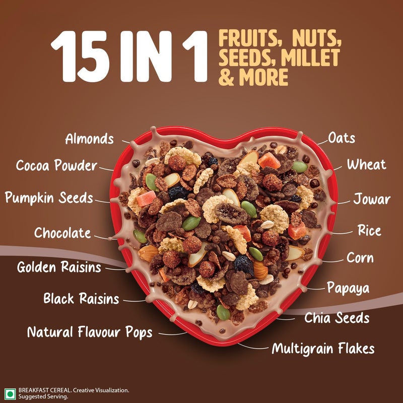 Saffola Muesli Choco Crunch with Flavour Pops, 700 gm | 15 in 1 Fruit and Nuts, Seeds, Millet & more | Cereals for breakfast rich in wholegrain, protein, fibre - Image 4