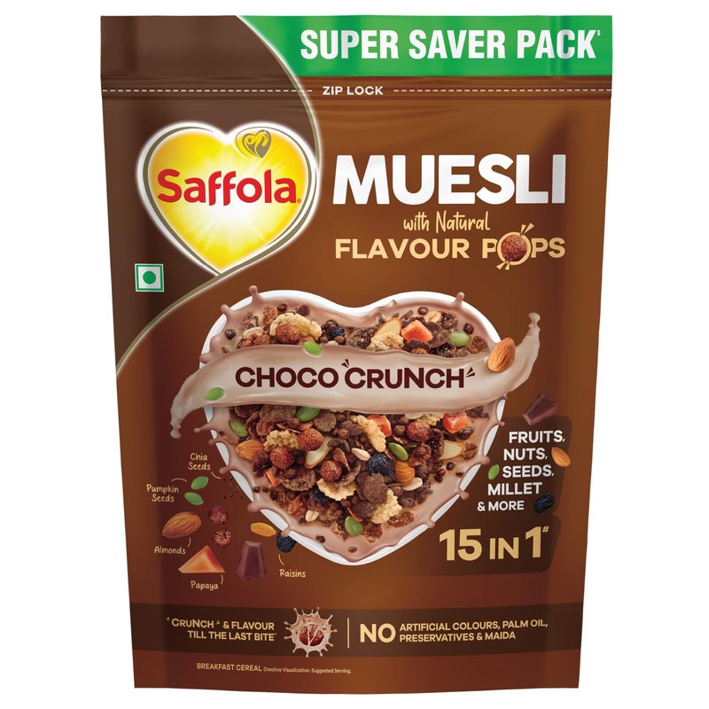 Saffola Muesli Choco Crunch with Flavour Pops, 700 gm | 15 in 1 Fruit and Nuts, Seeds, Millet & more | Cereals for breakfast rich in wholegrain, protein, fibre - Image 1