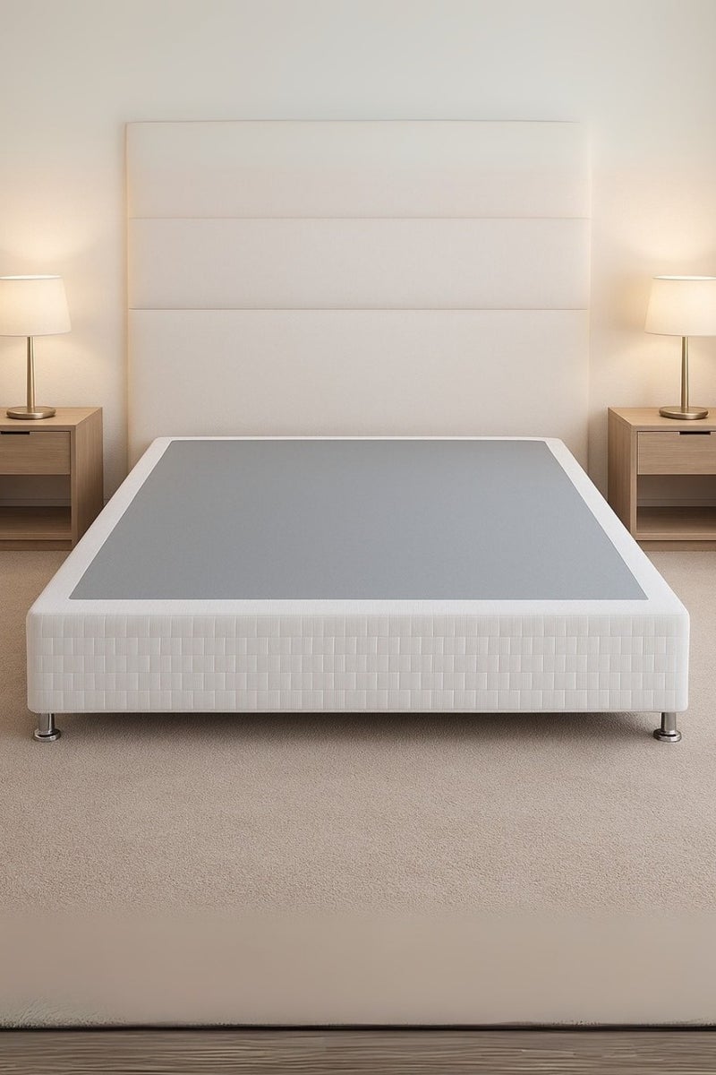 Karnak Premium Divan Bed Base with Chrome Legs – Super King Size 200cm x 200cm , White Woven Fabric – Modern Minimalist Foundation Platform for Mattress – Durable & Stylish Support - Image 1