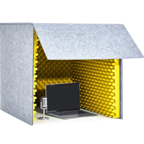 Pushglossy 28 x 28 x 28 Inch Desktop Soundproof Cover Portable Vocal Recording Booth Vocal Absorbing Shield Microphone Isolation Booth Cube for Sound Clearer Home Music Studio Podcast Recording Yellow - Image 1
