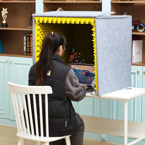 Pushglossy 28 x 28 x 28 Inch Desktop Soundproof Cover Portable Vocal Recording Booth Vocal Absorbing Shield Microphone Isolation Booth Cube for Sound Clearer Home Music Studio Podcast Recording Yellow - Image 5