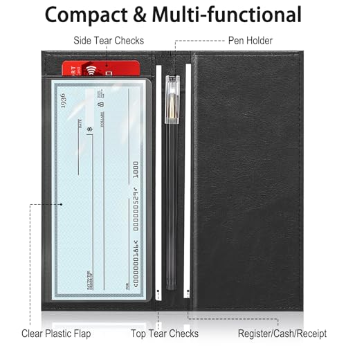 LLi Cufite Leather Checkbook Cover for Top & Side Tear Registers Duplicate Checks with Plastic Insert Flap Card Holder Pen Hoop Slim Wallet for Men Women - Image 2