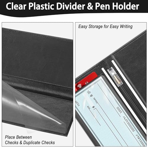 LLi Cufite Leather Checkbook Cover for Top & Side Tear Registers Duplicate Checks with Plastic Insert Flap Card Holder Pen Hoop Slim Wallet for Men Women - Image 4