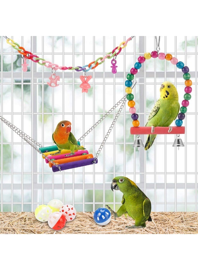هاهاهاي مجموعة ألعاب أرجوحة خشبية للطيور والببغاوات - 11 قطعة مع سلم معلق للمضغ والتسلق لإكسسوارات قفص الطيور، لعبة خشبية آمنة للببغاء والكوكاتيل والكونيور وطيور الحب - Image 5