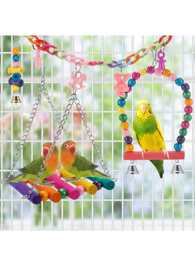 هاهاهاي مجموعة ألعاب أرجوحة خشبية للطيور والببغاوات - 11 قطعة مع سلم معلق للمضغ والتسلق لإكسسوارات قفص الطيور، لعبة خشبية آمنة للببغاء والكوكاتيل والكونيور وطيور الحب - Image 3
