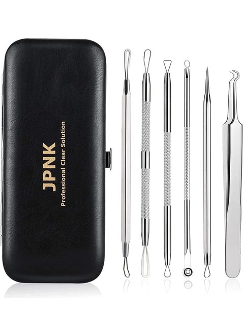JPNK Blackhead Remover Tool Comedones Extractor Acne Removal Kit for Blemish, Whitehead Popping, 6 Pcs Zit Removing for Nose Face Tools with a Leather Bag