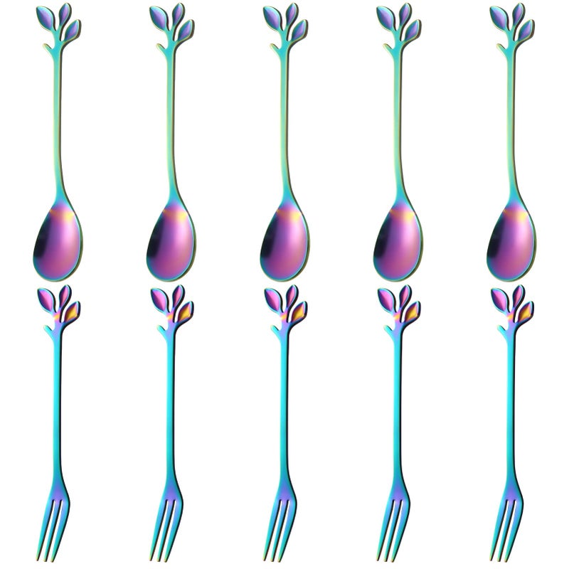 AnSaw 10Pc Rainbow Mini Spoons  Forks Set 47  Stainless Steel Leaf Handle Ideal for CoffeeTea Appetizers Tastings Parties Charcuterie  Cocktails