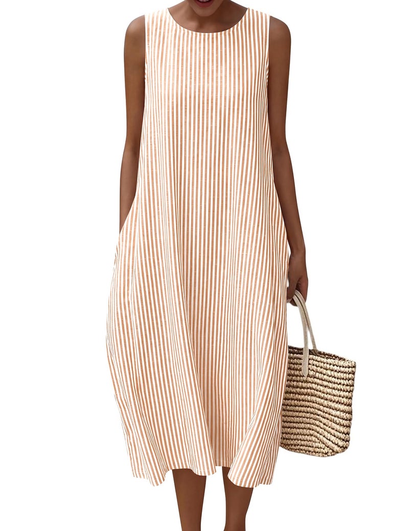 LOMON Womens Summer Maxi Dresses Striped Beach Vacation Long Dress Cotton Casual Resort Sundresses with Pockets - Image 1