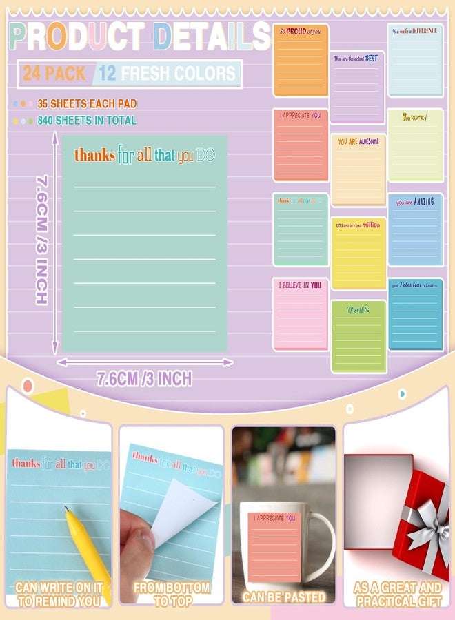 Yinder 24 Pcs Sticky Notes with Lines Cute Motivational Sticky Note Pad Sticky Notes Gifts for Women Coworkers Nurse Teacher School Office Supplies 3 x 3 Inch (Light Color Thankful) - Image 2