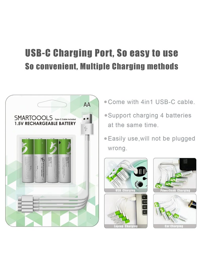 بطارية ليثيوم ايون ايه قابلة لاعادة الشحن بمنفذ USB بسعة عالية 1.5 فولت 2600 ميلي امبير في الساعة 1700 مللي في شحن سريع 1.5 ساعة 1200 دورة مع كابل من النوع سي 4 قطع الليثيوم،