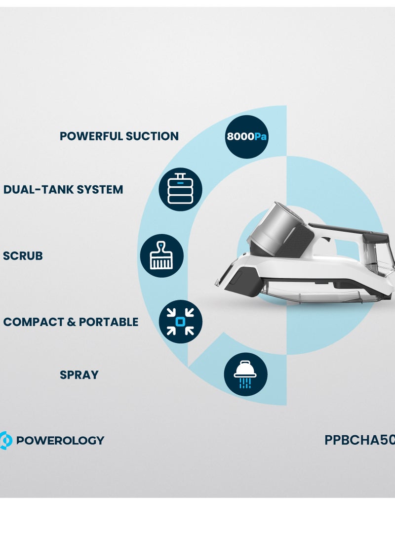 Powerology Cordless Spot Cleaner 60W with 8000Pa Suction Power/ Suction / Spray / Scrub /Upholstery and Carpet Steam Cleaner / Clean and Dirty Tank Multi-Surface Cleaning / Compact & Portable - White  - Image 3