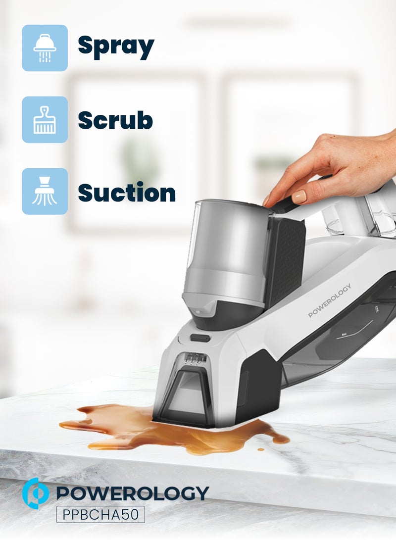 باورولوجي منظف ​​البقع اللاسلكي 60 وات بقوة شفط 8000 باسكال / شفط / رش / فرك / منظف المفروشات والسجاد / خزان التنظيف والأوساخ لتنظيف الأسطح المتعددة / صغير الحجم وقابل للحمل - أبيض - Image 2