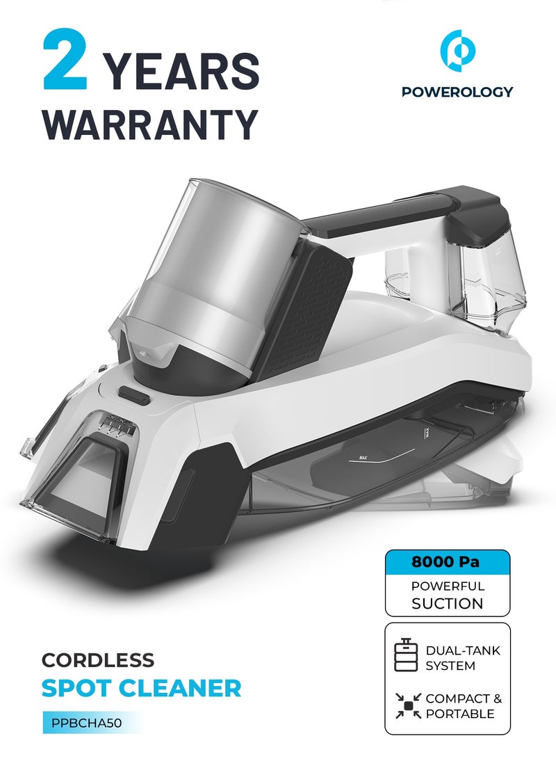 باورولوجي منظف ​​البقع اللاسلكي 60 وات بقوة شفط 8000 باسكال / شفط / رش / فرك / منظف المفروشات والسجاد / خزان التنظيف والأوساخ لتنظيف الأسطح المتعددة / صغير الحجم وقابل للحمل - أبيض - Image 1