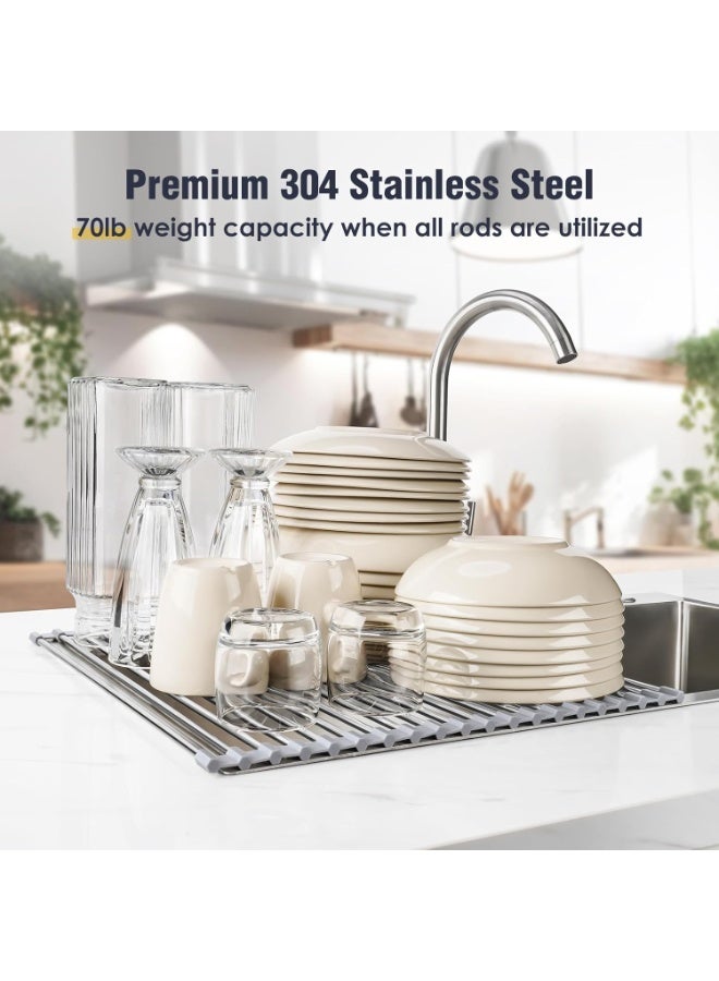 Large Dish Drying Rack, Expandable Roll Up Over The Sink Dish Drying Rack, SUS304 Stainless Steel Multipurpose Kitchen Drainer Rack Up Load to 70Lb - Image 5
