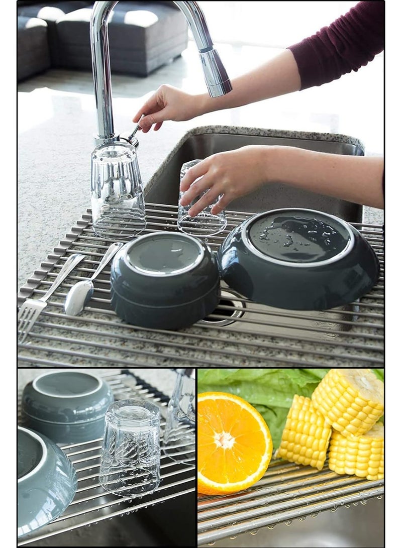 Large Dish Drying Rack, Expandable Roll Up Over The Sink Dish Drying Rack, SUS304 Stainless Steel Multipurpose Kitchen Drainer Rack Up Load to 70Lb - Image 2