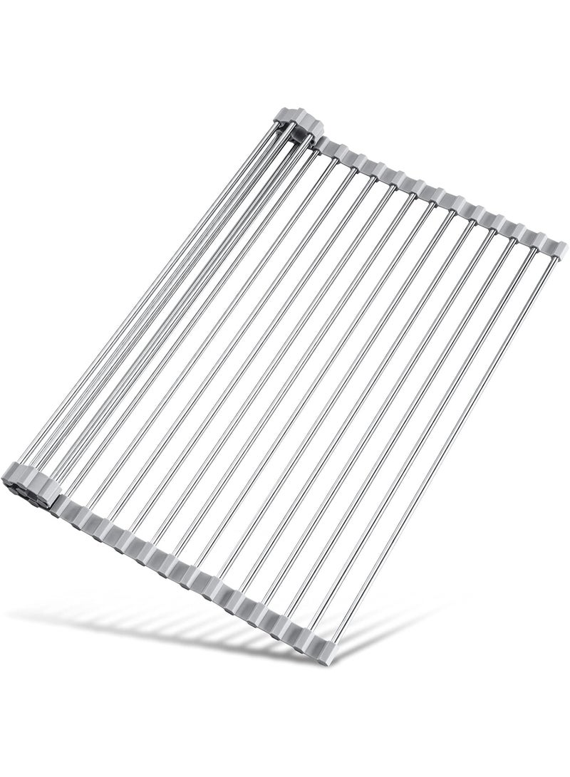 Large Dish Drying Rack, Expandable Roll Up Over The Sink Dish Drying Rack, SUS304 Stainless Steel Multipurpose Kitchen Drainer Rack Up Load to 70Lb - Image 1
