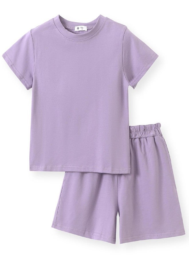 ACESTAR Toddler Baby Boys Girls Summer Clothes Set - Cotton Solid Plain Short Sleeve T-Shirt Tops + Shorts Cute Outfits Set (Purple,100/2T-3T) - Image 1