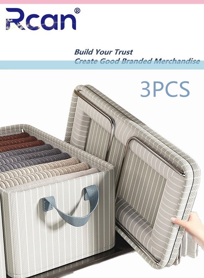 Rcan 3pcs Wardrobe Clothes Organizer Foldable Closet Storage Organizer with Steel Frame for Clothes Jeans Washable Closet Storage Boxes with Carrying Handles Cube Storage Bin for Home Bedroom Office - Image 1