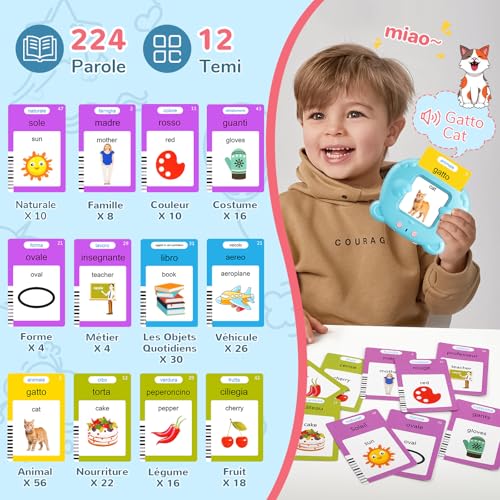 AHJ Italian English Talking Flash Cards for Toddlers Bilingual Flash Cards for Toddlers with 224 Sight Words Montessori Learning Toys Speech Therapy Sensory Preschool Education Gifts for Kids - Image 5