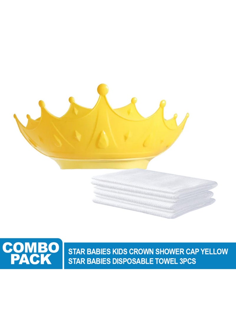 STAR BABiES Combo Pack Kids Crown Shower Cap Disposable Towel Pack Of 3 - Yellow - Image 2