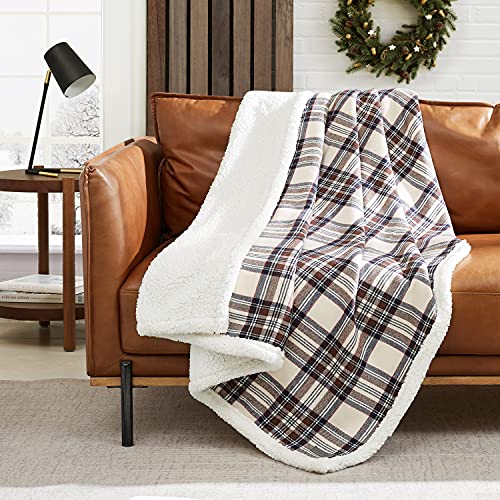 Eddie Bauer - Blanket, Soft Reversible Sherpa & Brushed Fleece Bedding, Perfect for Lounging, Dorm Essentials (Edgewood Plaid Khaki) - Image 1