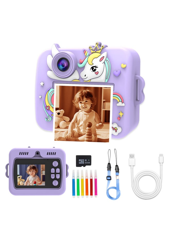 Generic Private Model Of The Children's Camera A Shot Of Both Cartoon Digital High-definition Color Printing Camera-Color:Purple Unicorn  Orange + 32g Memory Card + Exquisite Packaging  - Image 1