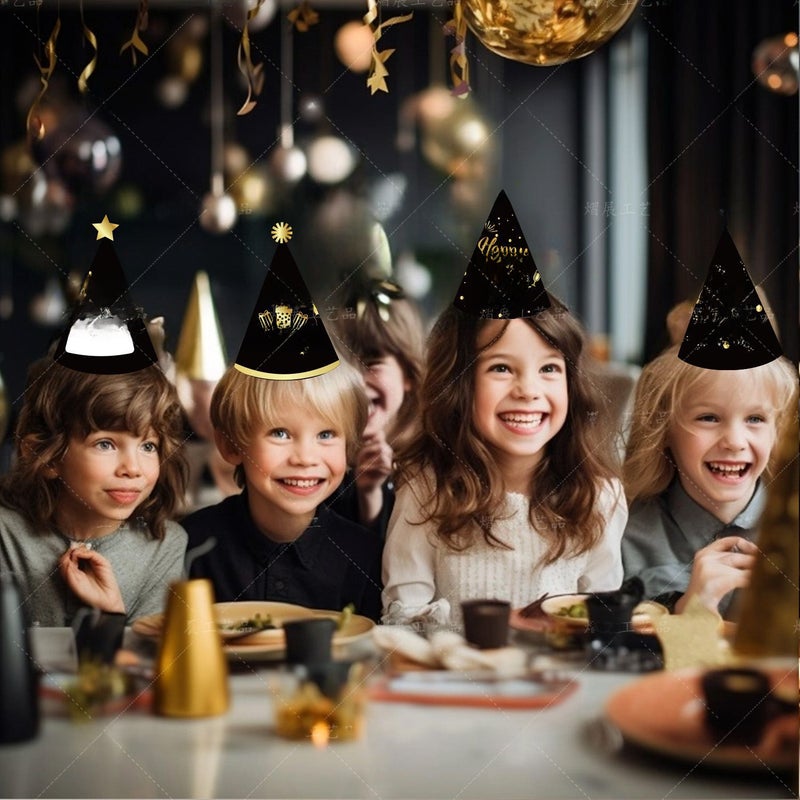 2024 New Year Black Gold Party Cone Hats for Kids 6 - Image 4