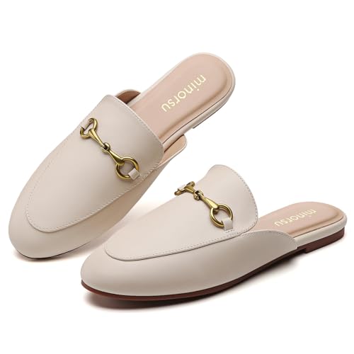 Minorsu Buckle Mules for Women Round Toe Backless Flat Mules Slides Mules Shoes Ladies Slip-on Loafers - Image 1
