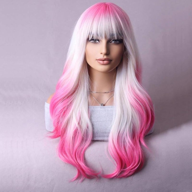 MAGQOO Hot Pink Blonde Ombre Wig Women Girls Dark Pink White Ombre Wig with Bang Two Tones Ombre Colorful Wig Halloween Cosplay Costume Party Wig