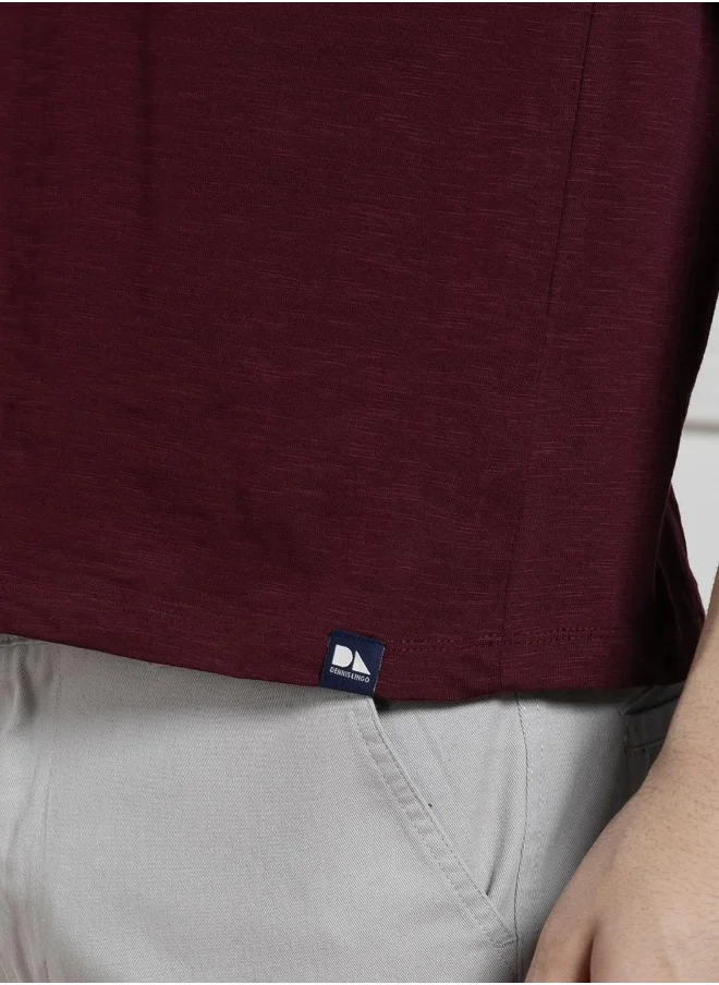Dennis Lingo Regular Fit Wine Cotton Henley Neck T-Shirt